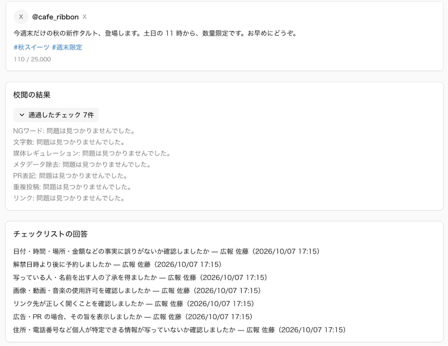 投稿の詳細の画面。本文の下に、校閲の 7 つのチェックをすべて通過した結果と、チェックリストの回答が並んでいる